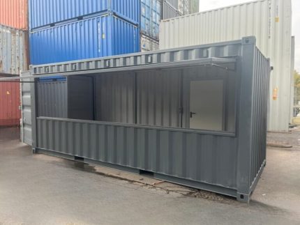 Contentor de 20 Pés Equipado "Bar Quiosque" – Portão a Gás e Isolamento (Cinzento Antracite)